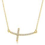 D16069763 1 A diamond-embellished curved sideways cross highlights the understated elegance of this 14k yellow gold necklace. Measures 18 inches in total.