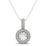 D22760937 1 Featuring milgrain design border, this halo round features a 1/2 carat center diamond studded with gorgeous surrounding diamonds. A magnificent beauty made of 14k white gold.