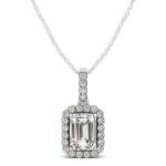 D27877076 1 Round shape halo and diamond bail highlight the enchanting elegance of the center 1-carat emerald cut stone of this rectangle pendant. Crafted in 14k white gold.