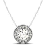 D37798472 1 Smooth and milgrain edge beautifully highlight the bezel set 1/2 carat center diamond. This diamond halo pendant is crafted in 14k white gold.