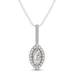 D45405688 1 A study in rare elegance, this diamond pendant features a marquis shape center diamond surrounded by a sparkling halo of diamonds made of 14k white gold.