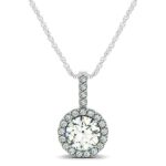 D5473547 1 Wonderfully enchanting, this round shape pendant showcases a 1/2 carat center stone with halo diamonds featuring 22 diamonds in total, this beautifully designed in 14k white tone gold.