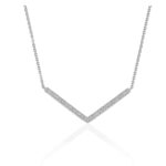 D60562075 1 Beautifully simple in 14k white gold, this chevron style diamond pendant hangs from an 18 inches cable chain. Secured with a lobster closure.