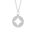 D74604045 1 A beautiful diamond embellished circular pendant with a diamond-like cut-out detailing. Made of 14k white gold, this hangs from a 16 inches cable chain and secured with a lobster lock.