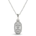D79338143 1 This two stone diamond pendant features a border of smaller sparkling side diamonds. An alluring piece made of 14k white gold.