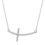 D89938737 1 A study in minimalist beauty showcasing a slim chain design and a curved cross accent with.21ct diamonds. This necklace is crafted in 14k white gold and measures 18 inches.