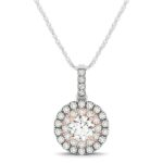 D90105664 1 This round shape diamond double halo pendant features a 1/4 carat center diamond surrounded by smaller diamonds. Delightful with a diamond bar style bail, this pendant is made in 14k white and rose gold.