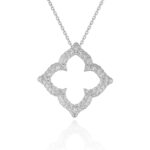 D90364363 1 Featuring a flower-like design with cut-out detailing, this diamond pendant comes with a 16 inches cable chain. Made of 14k white gold and secured with a lobster lock.
